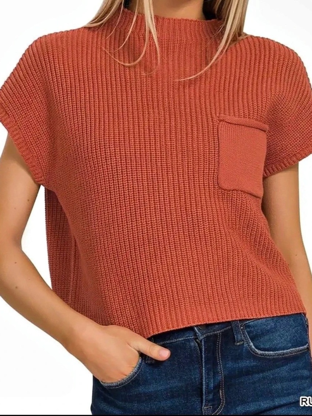 42POPS Rust Mock Neck Short Sleeve Knit Sweater Top